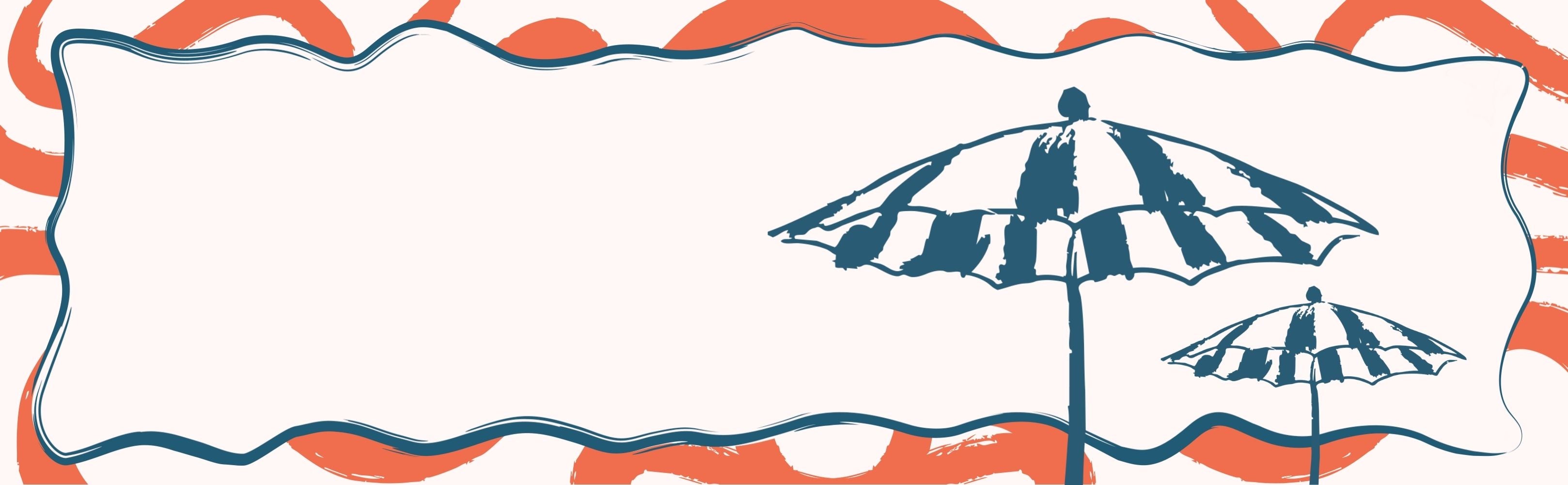 Design with striped beach umbrellas on a white background with orange and blue wavy borders