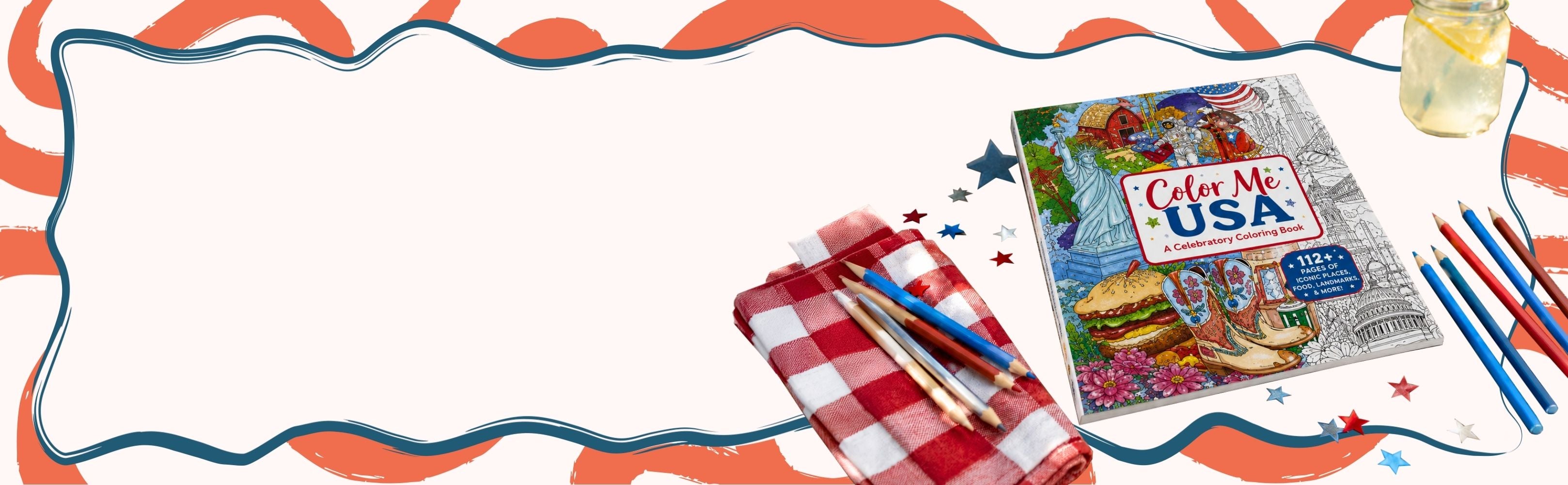 Coloring book titled 'Color Me USA' with coloring supplies on a checkered tablecloth.