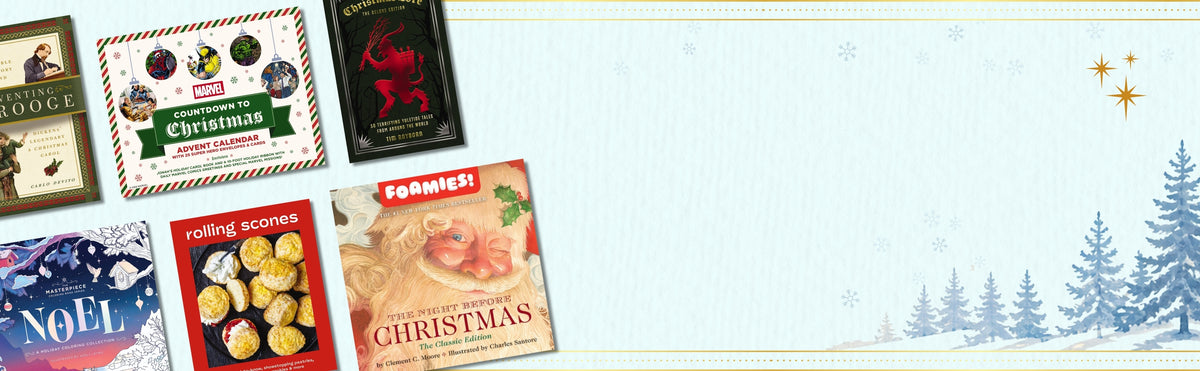 A festive banner showing Cider Mill Press holiday titles fanned out on the left: Inventing Scrooge, a Marvel Countdown to Christmas advent calendar, a Krampus-themed book, Noel, the Rolling Scones cookbook, and The Night Before Christmas Classic Edition with Santa on the cover. On the right, a light blue winter background with drifting snowflakes, snowy pine trees, and gold stars.