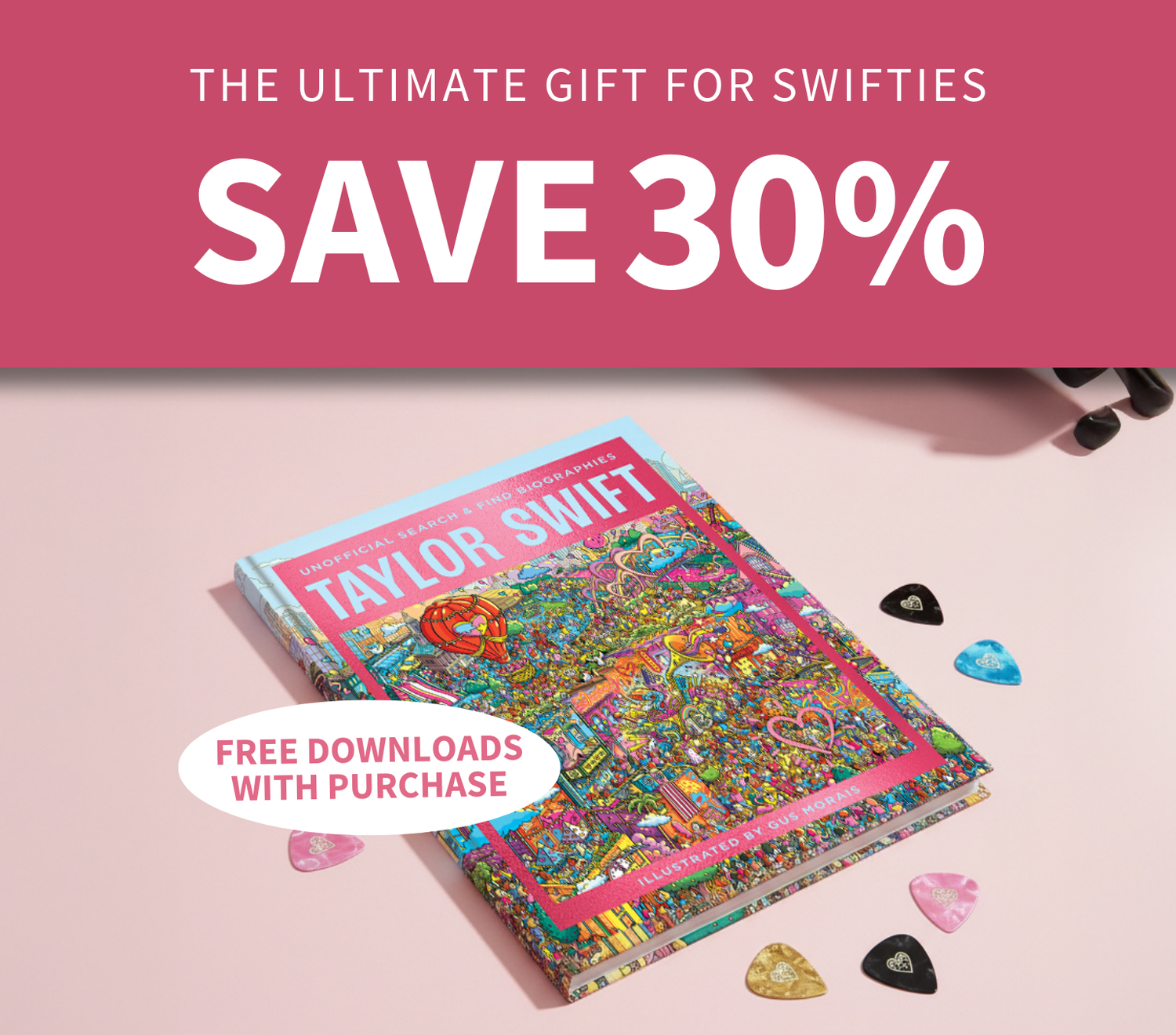 Colorful book with Taylor Swift's name on a pink background, promotional text for a 30% discount.