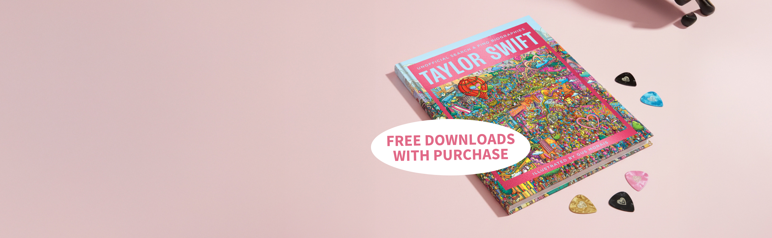 Colorful book with Taylor Swift's name on a pink background