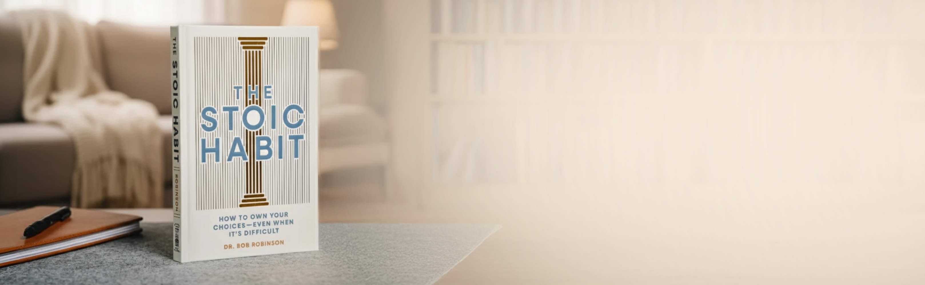 Book titled 'The Stoic Habit' on a table with a blurred background