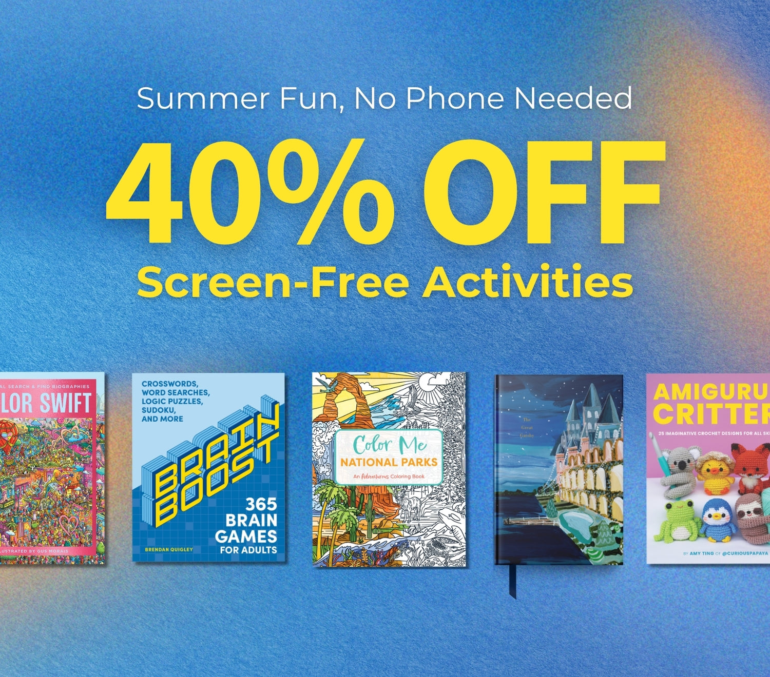 Promotional banner for screen-free activities with books on a blue background