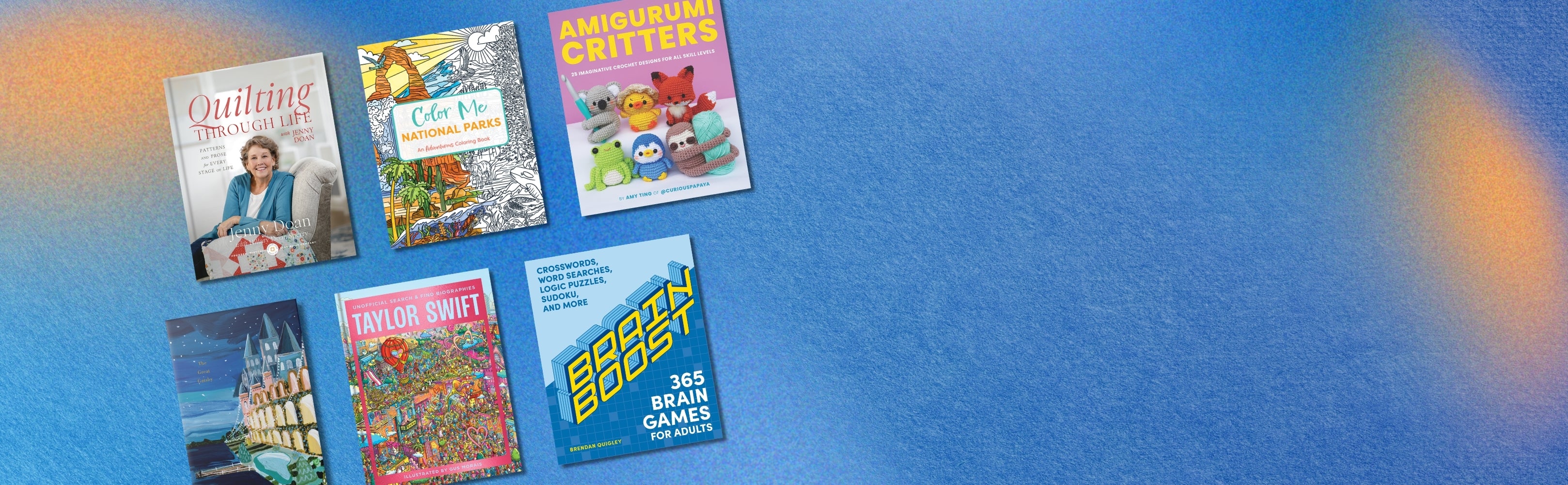 Collection of craft books on a blue background