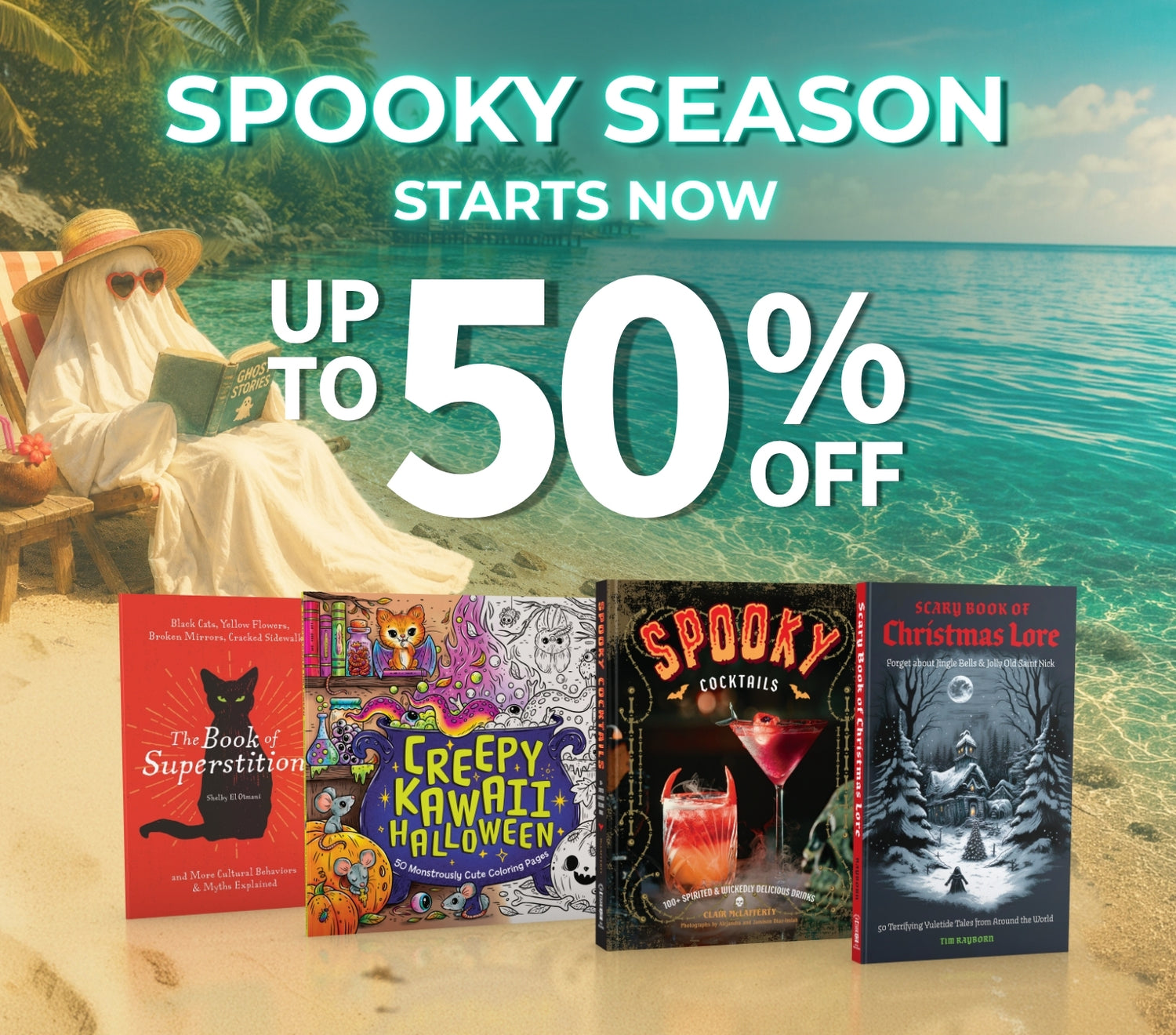 Spooky books on a beach with a ghost in a beach chair reading