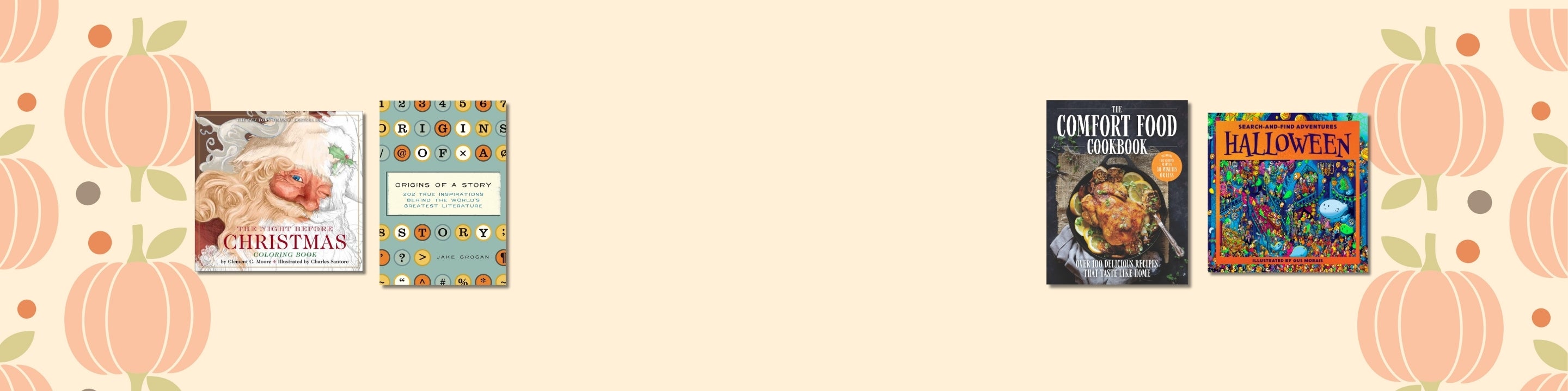 A horizontal banner featuring four book covers arranged on a light beige background with decorative orange pumpkins and autumn leaves along the sides.