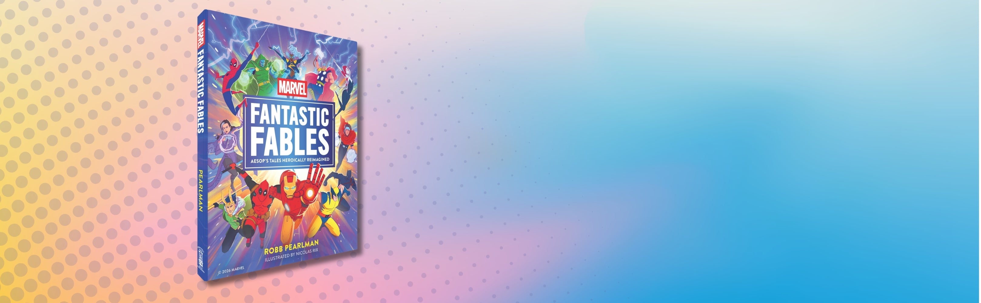 A boxed book or DVD-style product titled "Fantastic Fables" stands upright on a colorful gradient background with yellow, pink, and blue tones.