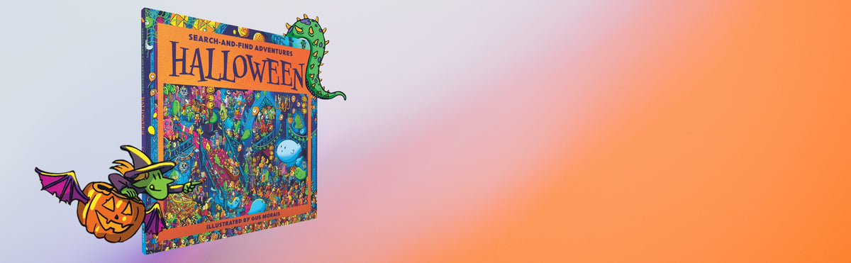 A colorful children's book with Halloween-themed illustrations, shown on a pale background with a peach-to-purple gradient on the right. Cartoon decorations appear near the book.