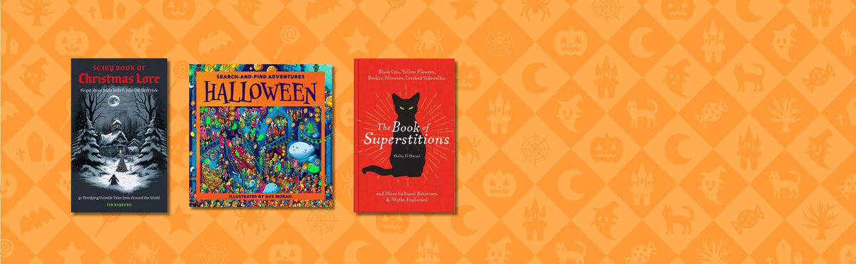 Three children's books displayed side by side against an orange patterned background. 