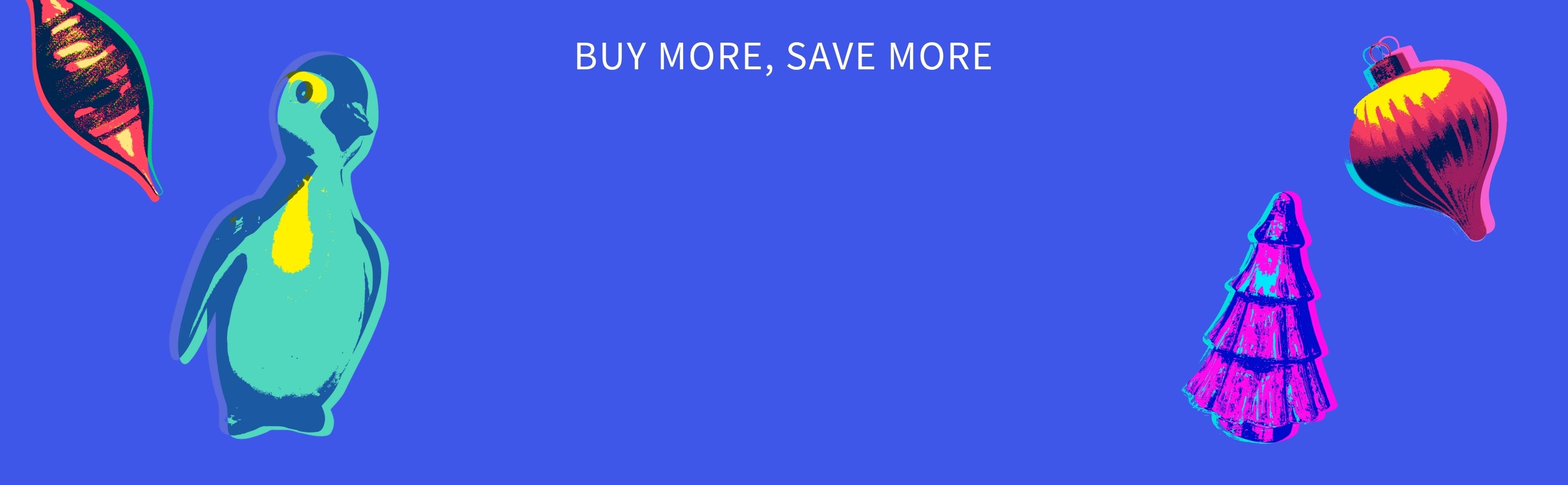 Colorful cartoon characters on a blue background with promotional text - Buy More Save More