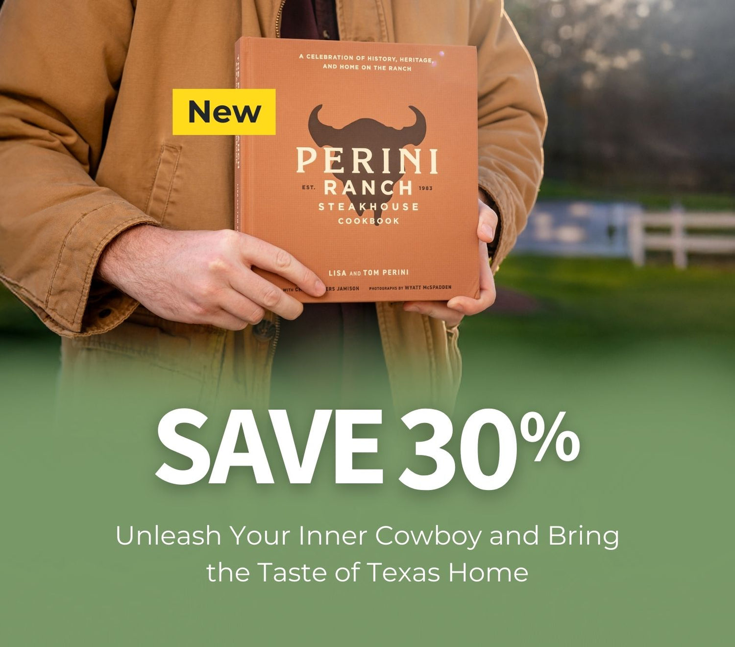 Person holding a book titled 'Perini Ranch' with promotional text on a green background