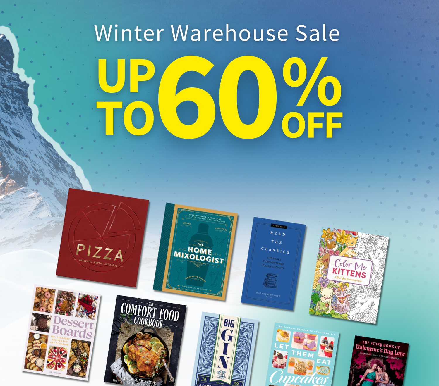 Promotional poster for a winter warehouse sale with books and colorful text on a blue and green gradient background.