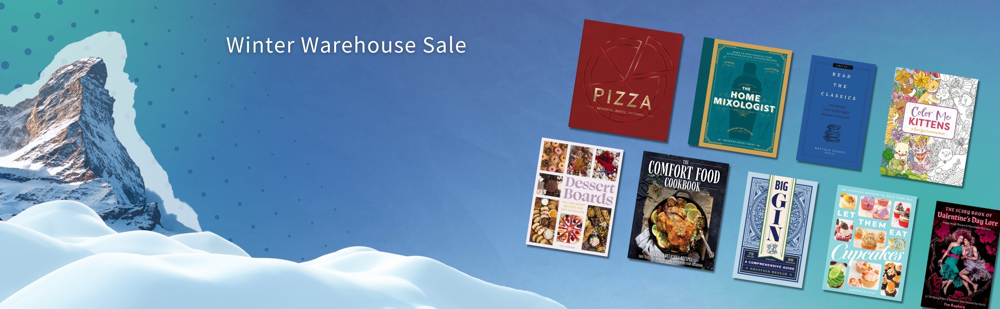 Promotional banner for a winter warehouse sale with various books on a snowy mountain background.