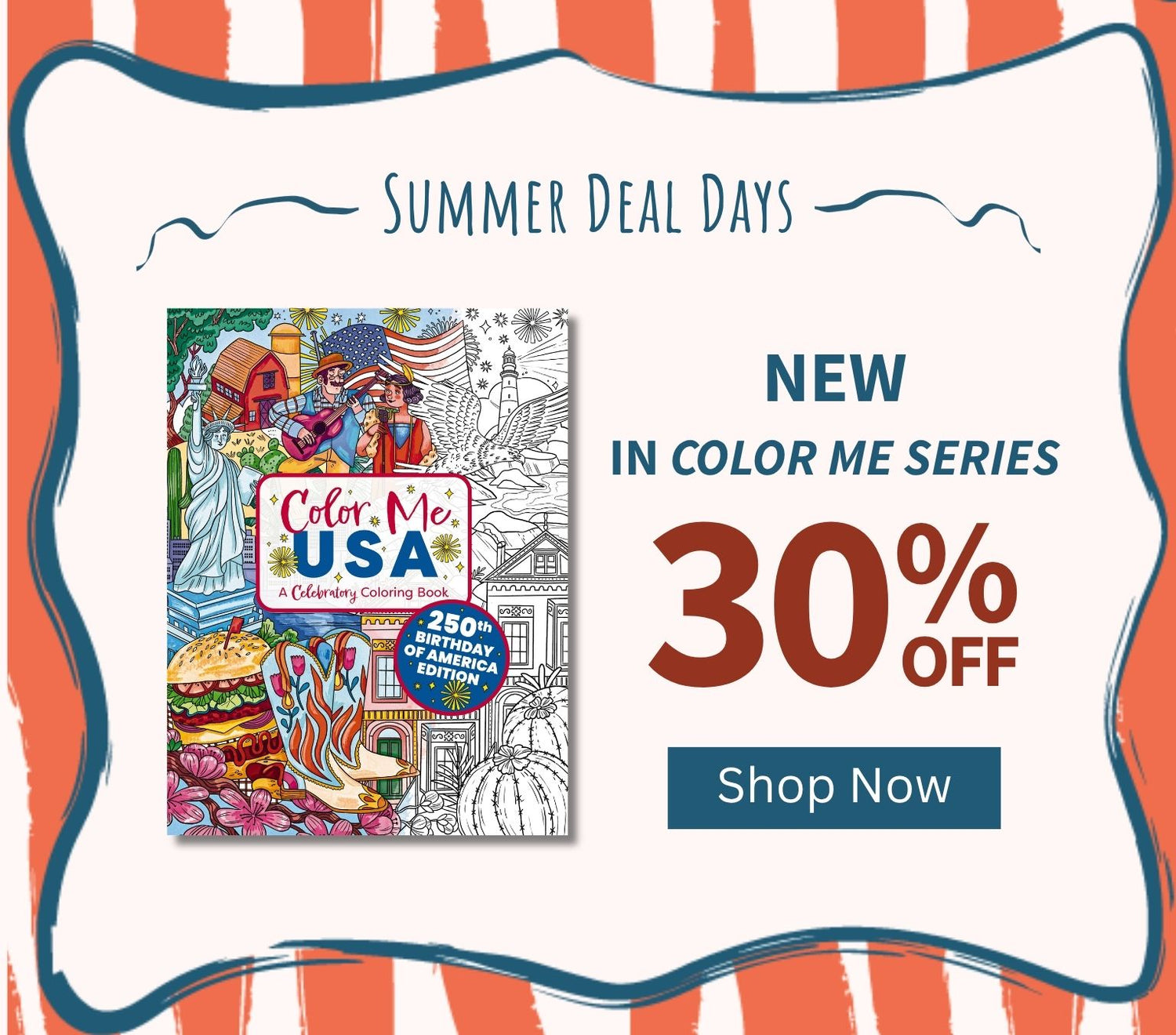 Promotional image for 'Color Me USA' coloring book with a 30% off discount offer on an orange and white striped background.